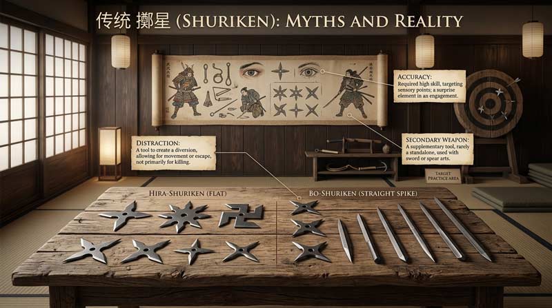 Traditional throwing stars and bo shuriken displayed in a dojo with educational infographic about ninja myths, historical use, and target practice