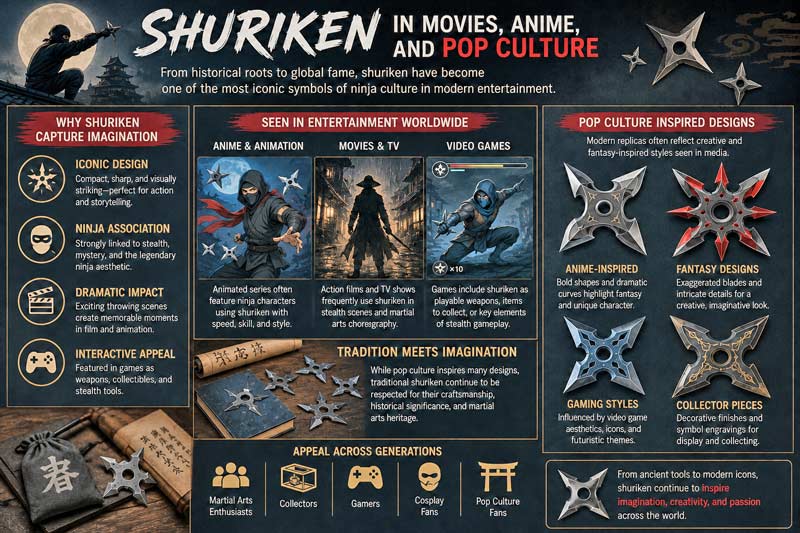Infographic showing how shuriken became popular in movies, anime, video games, and modern ninja-inspired pop culture