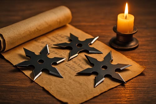 Three shuriken resting on a parchment scroll beside a candle on a wooden table in warm light.