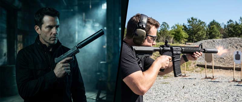 Hollywood vs reality comparison of suppressed firearm myth with cinematic movie atmosphere and realistic range setting.