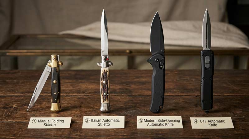 Comparison of stiletto, Bowie, and automatic knives showing the difference between blade styles and opening mechanisms