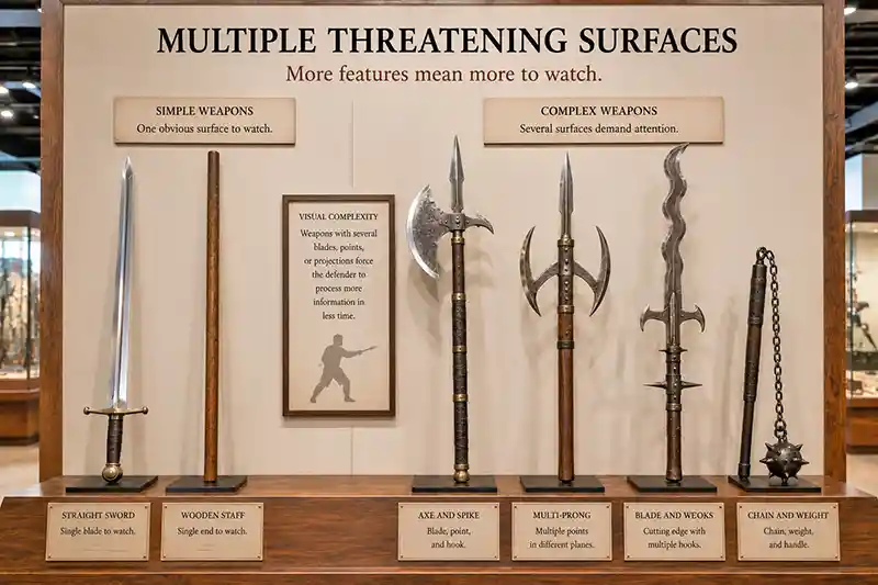 Simple and complex historical weapons compared in a museum display