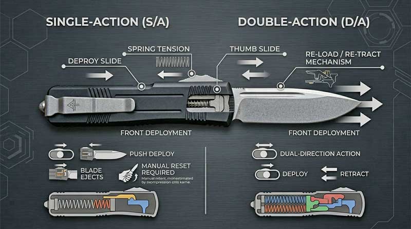 Infographic comparing single-action and double-action OTF knives with labeled deployment and retraction mechanisms side by side