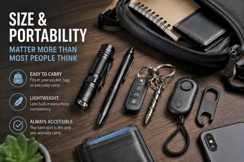 Infographic-style image showing compact everyday carry items including a flashlight, tactical pen, keys, and wallet to illustrate portability and practical daily carry choices