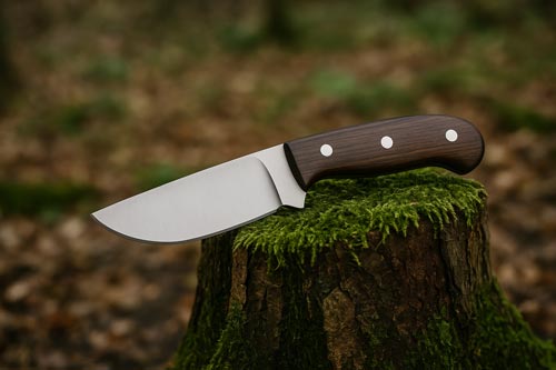 skinning knife with a wood handle resting on a moss-covered tree stump in the forest