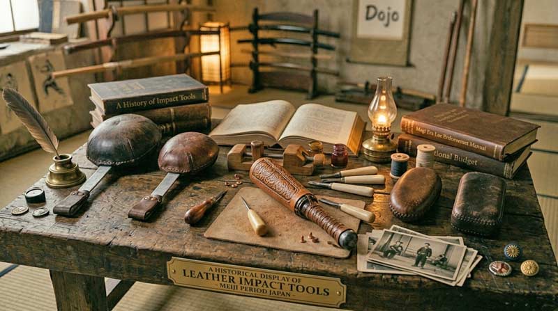 Historical display of leather slap jacks, blackjacks, and sap tools arranged with vintage books and old law enforcement items in a museum-style setting