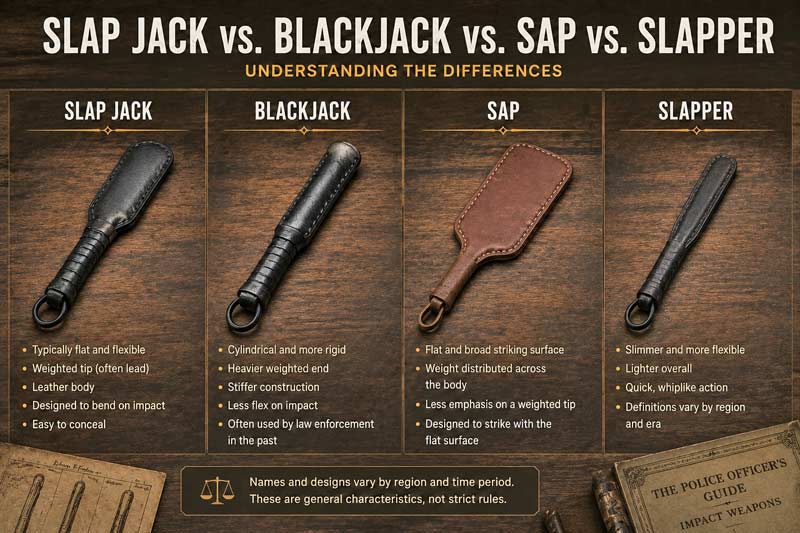 Infographic comparing slap jack, blackjack, sap, and slapper designs with leather tools shown side by side and labeled differences