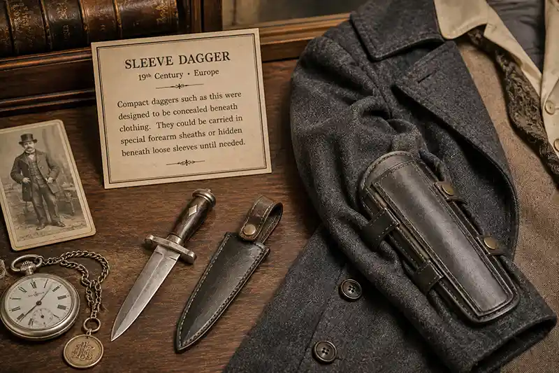 Antique sleeve dagger with concealed forearm sheath and Victorian coat