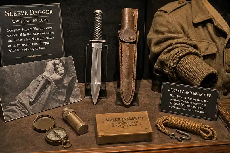 Museum exhibit featuring a WWII-era sleeve dagger, leather forearm sheath, and vintage escape equipment.