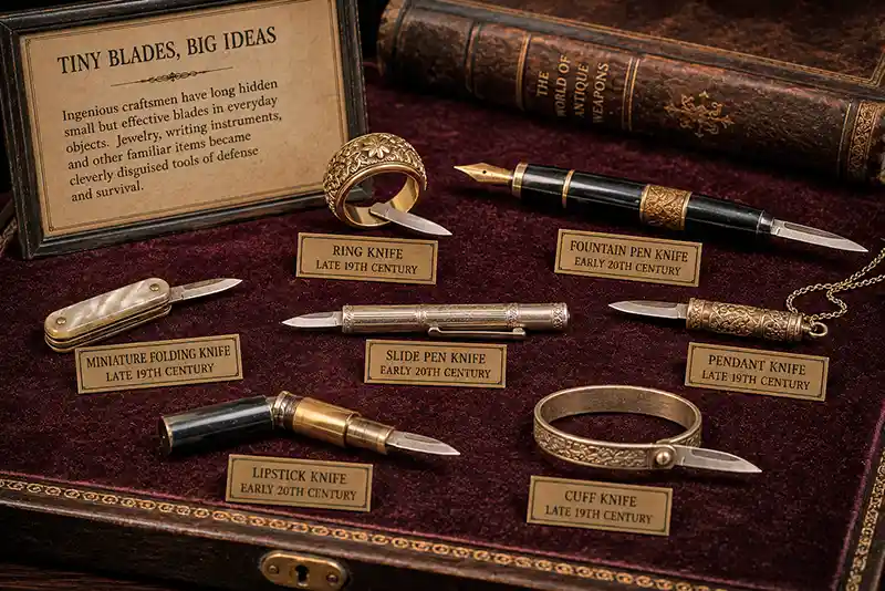Antique ring knife, pen knife, and other miniature concealed blades displayed on a velvet-lined museum exhibit.