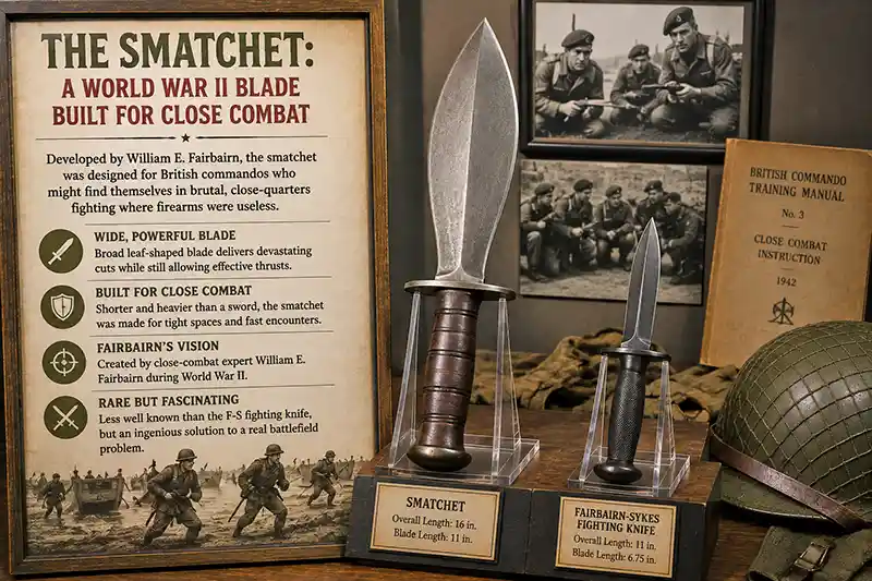 World War II smatchet and Fairbairn-Sykes fighting knife on display