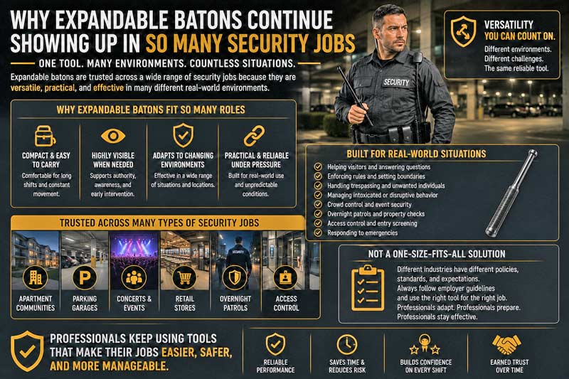 Expandable baton versatility across security jobs infographic