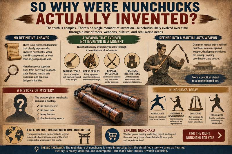 Why nunchucks were actually invented infographic showing competing origin theories, Okinawan martial arts refinement, traditional wooden nunchaku, and the mystery behind how nunchucks evolved over time