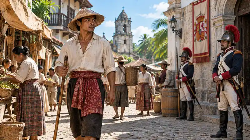 Filipino man carrying a wooden stick through a Spanish colonial-era marketplace with guards nearby