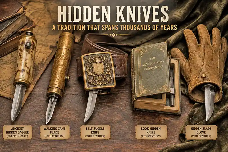 Historical concealed knives displayed with antique books, maps, and a belt buckle knife on a wooden table.