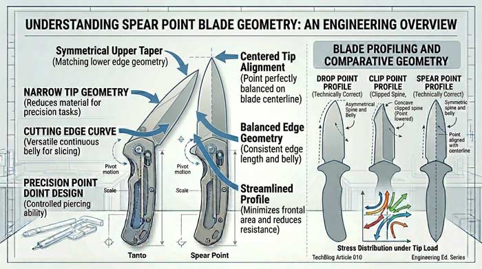 Infographic explaining spear point blade geometry with labeled diagrams showing the symmetrical taper, centered tip, and balanced blade profile