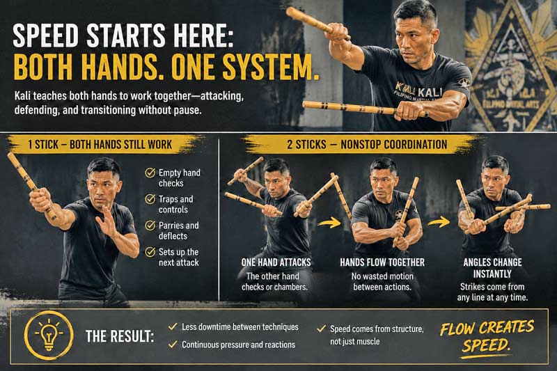 Kali stick training with both hands infographic