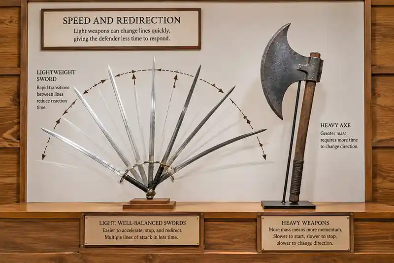 Lightweight sword compared with a heavy axe for speed and redirection