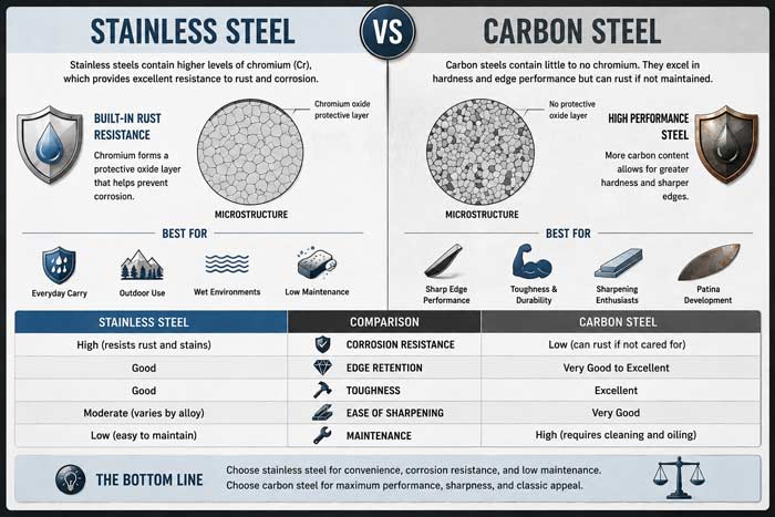 Infographic comparing stainless steel and carbon steel with charts showing corrosion resistance, edge retention, toughness, and maintenance differences
