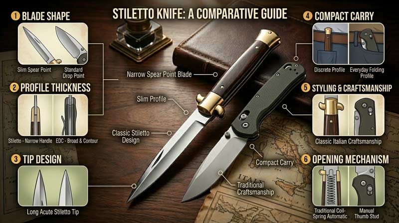 Infographic comparing a stiletto knife to a traditional folding knife, highlighting slim spear-point blade, compact profile, classic styling, and distinctive design features side by side