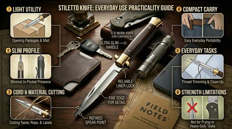 Infographic showing a stiletto knife alongside everyday carry items like keys, wallet, and flashlight, highlighting compact carry, light utility tasks, and slim pocket-friendly design