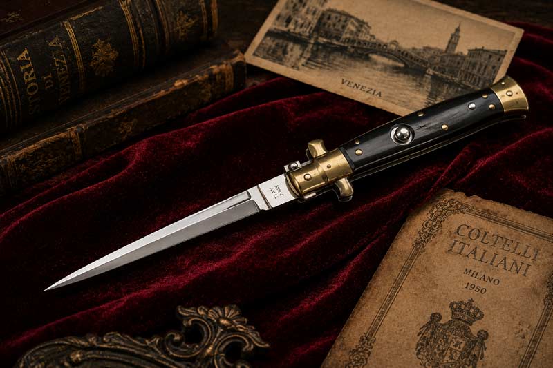 Italian stiletto knife displayed on dark velvet with vintage books and old-world European atmosphere.