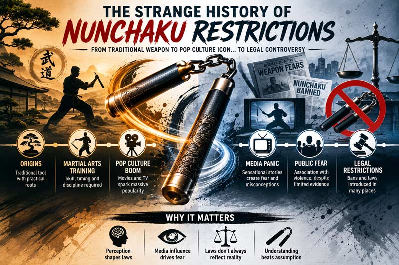 Infographic showing the history of nunchaku restrictions, from martial arts popularity and media fear to legal bans and later legal challenges.