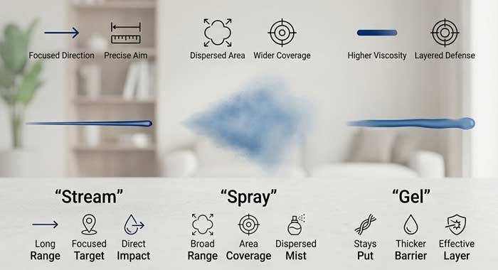 Diagram comparing stream, spray, and gel patterns using simple labeled shapes in an infographic layout