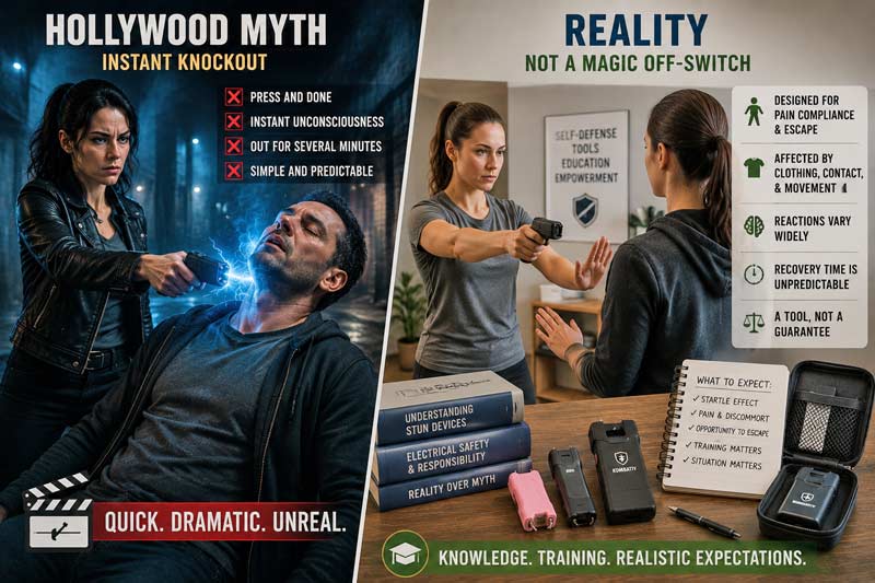 Hollywood vs reality comparison of stun gun myth showing dramatic movie-style instant knockout beside realistic self-defense training and educational context.