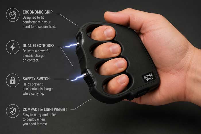 Key features of stun gun brass knuckles.