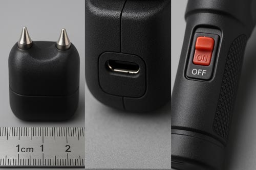 Closeup of various stun gun features.