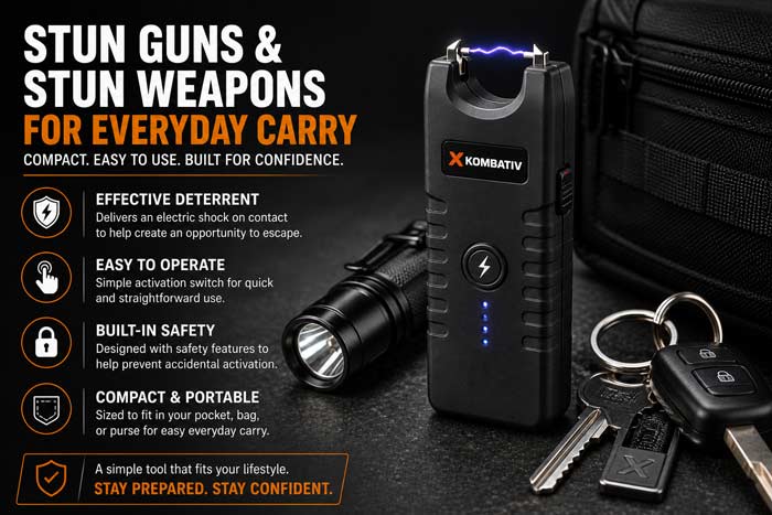 Infographic showing a compact stun gun with flashlight and keys, highlighting portability, ease of use, and everyday carry convenience