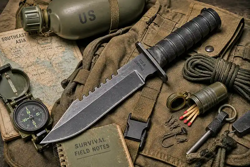 Cold War survival knife with compass, canteen, paracord, and field gear on a military backpack.