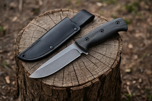 survival knife with black handle and sheath displayed on a tree stump outdoors