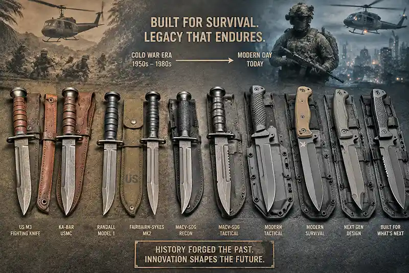 Historic Cold War combat knives displayed alongside modern tactical knives, illustrating the evolution of military blade design.