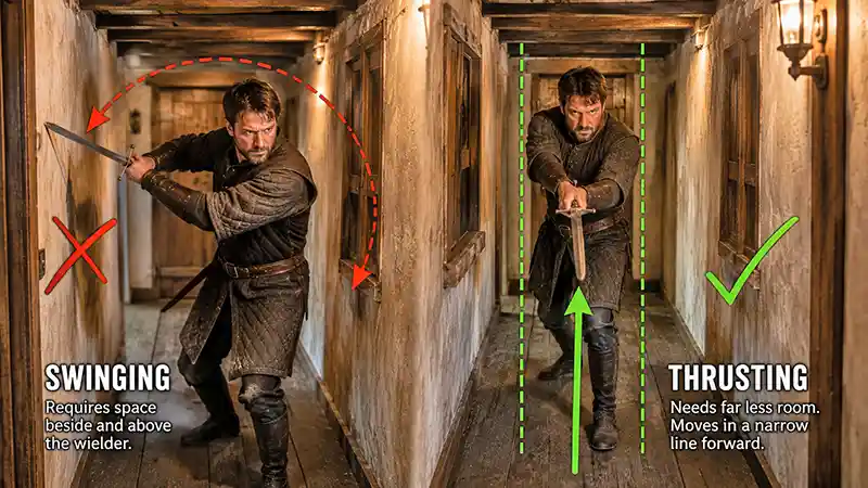 Sword swing restricted by a narrow hallway compared with a forward thrust