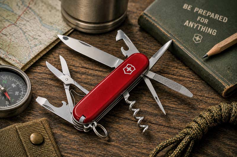 Classic Swiss Army knife with multiple tools open beside a map, compass, and outdoor gear.