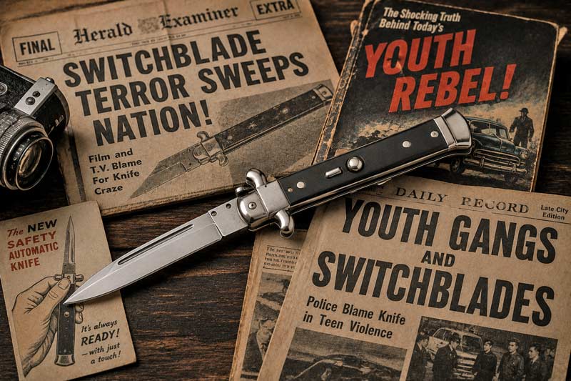 Classic switchblade knife displayed on vintage newspapers with retro crime-era headlines and dramatic lighting.