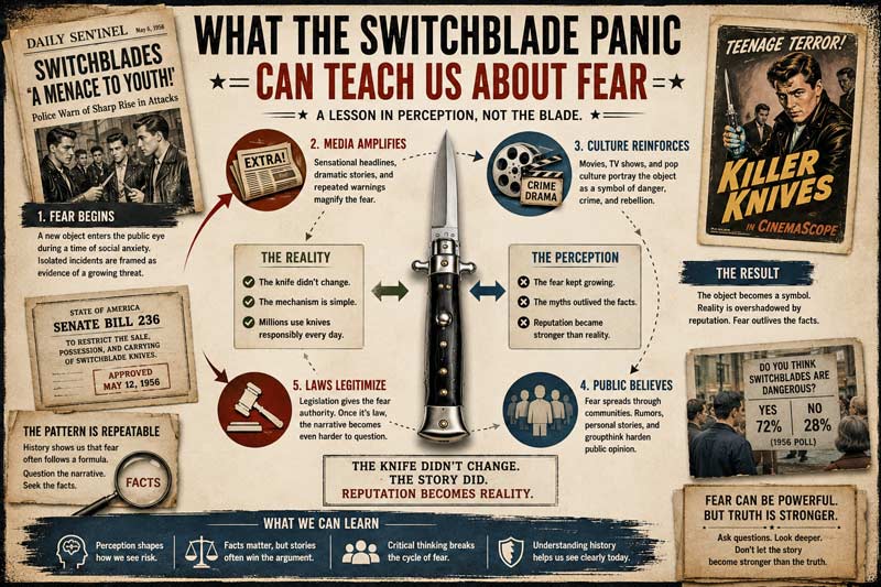 Infographic explaining how media, culture, and public perception turned switchblades into a symbol of fear.