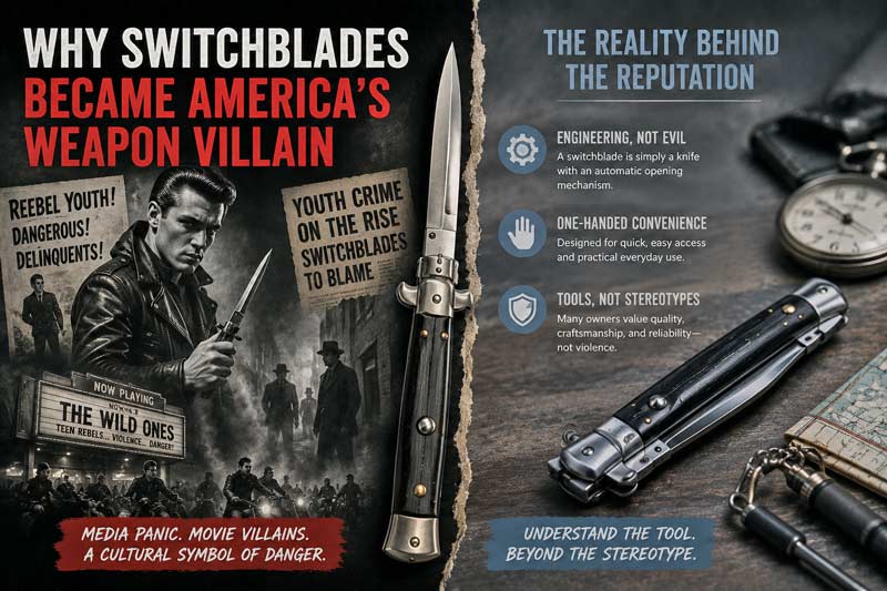 Editorial-style image exploring why switchblades became feared in America, contrasting vintage movie villain stereotypes with modern knife design and practicality.