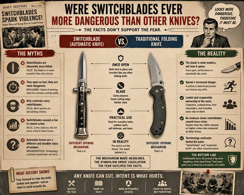 Switchblade versus folding knife infographic comparing myths, facts, and perceived danger.