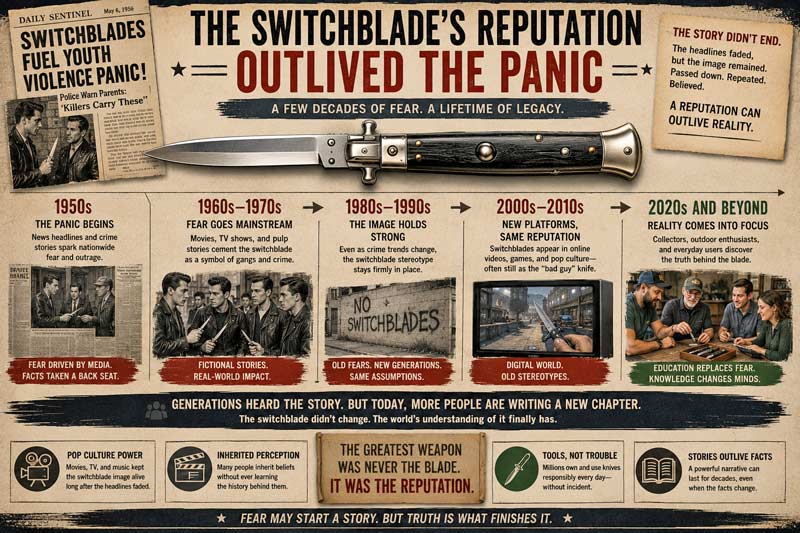 Switchblade reputation timeline infographic showing how fear and media narratives persisted across generations.