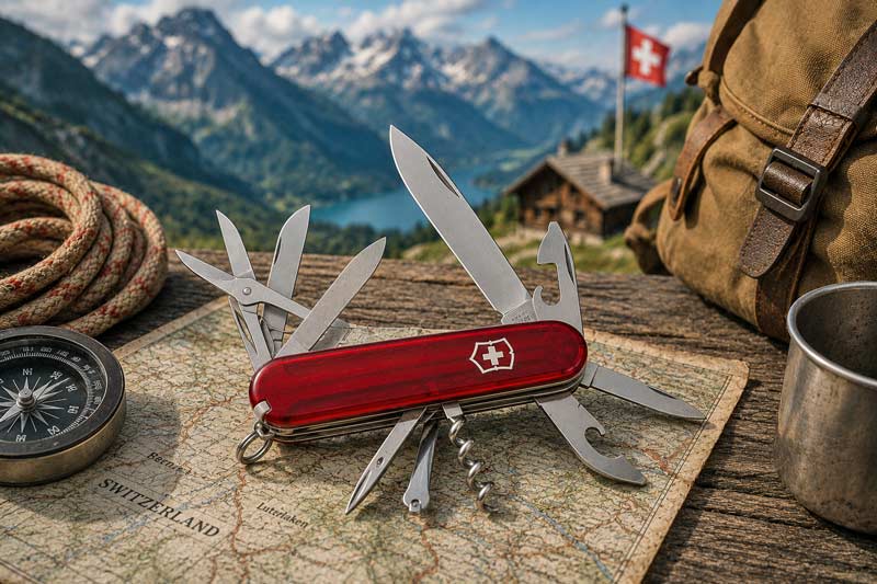 Swiss Army knife opened on a travel map with hiking gear, compass, and scenic Alpine mountain backdrop.