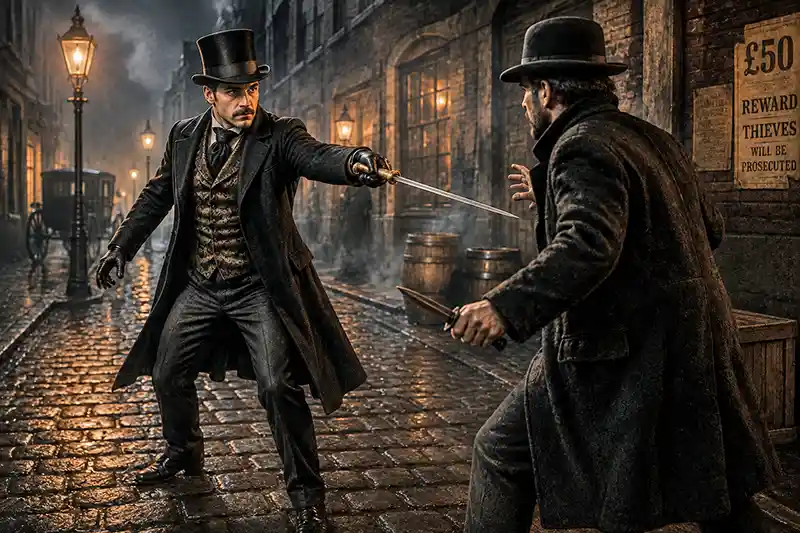 Victorian gentleman defending himself with a cane sword against a robber on a foggy cobblestone street at night.