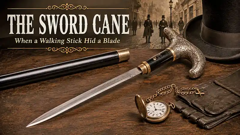 Antique sword cane with concealed blade and Victorian accessories