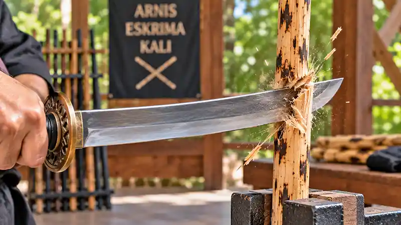 Sword blade cutting into a rattan escrima stick during a controlled impact test