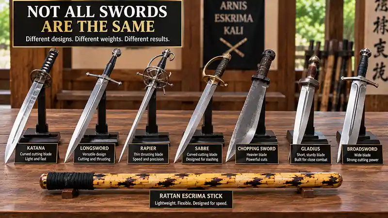 Different types of swords displayed beside a rattan escrima stick to compare weapon designs