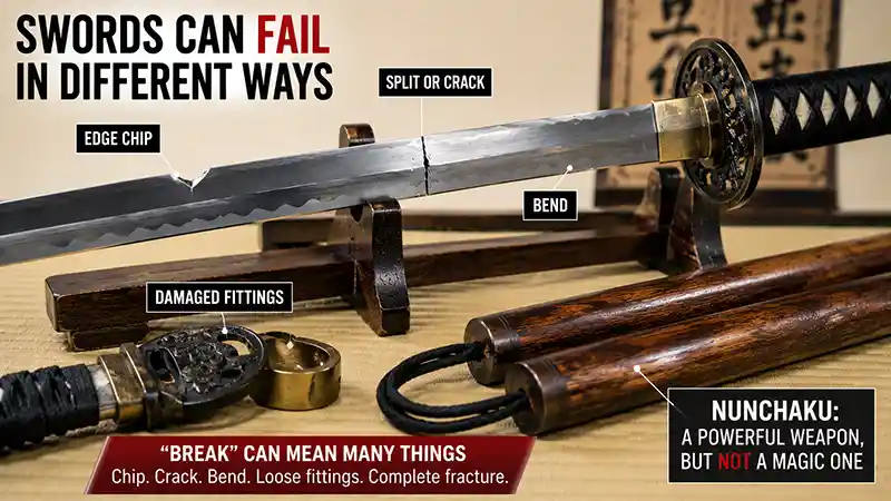Katana showing edge, blade, and fitting damage beside traditional wooden nunchaku