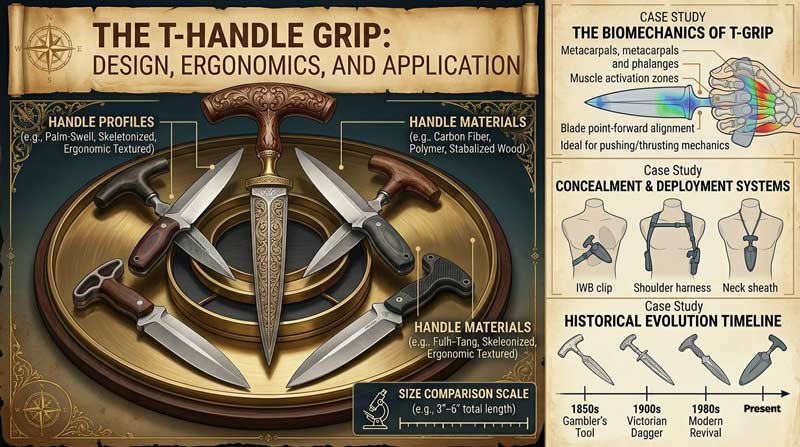 Infographic explaining the unique T-handle grip of push daggers with labeled ergonomic and concealed design features