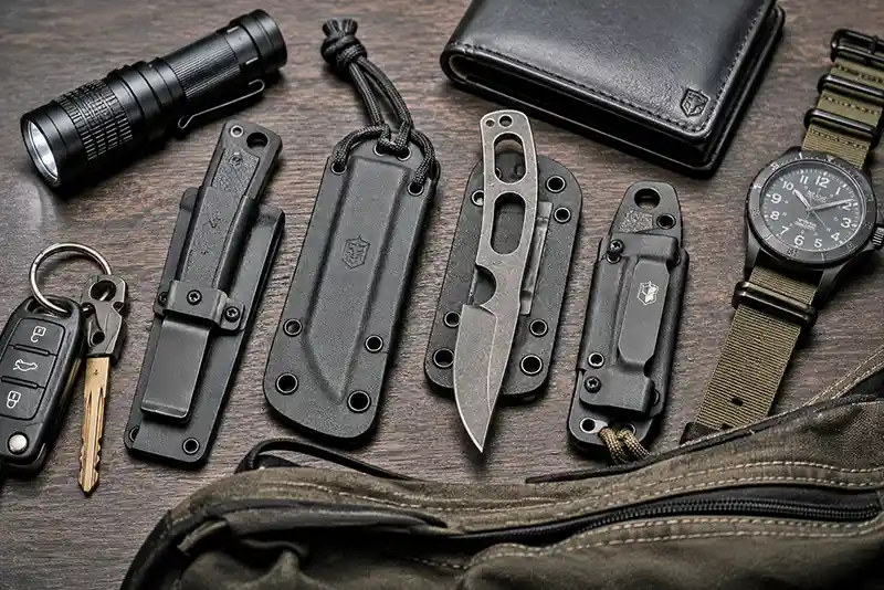 Modern everyday carry knives, sheaths, flashlight, wallet, keys, and watch arranged in a tactical flat lay.